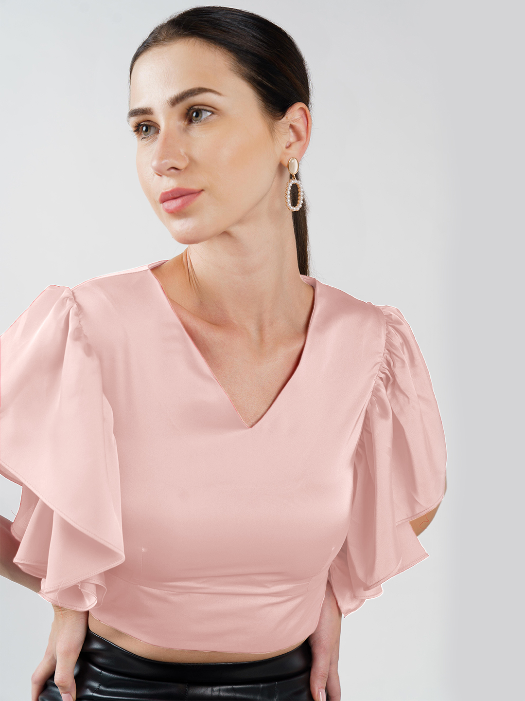 Crop Top With Flounce Sleeve Corel Pink - Front